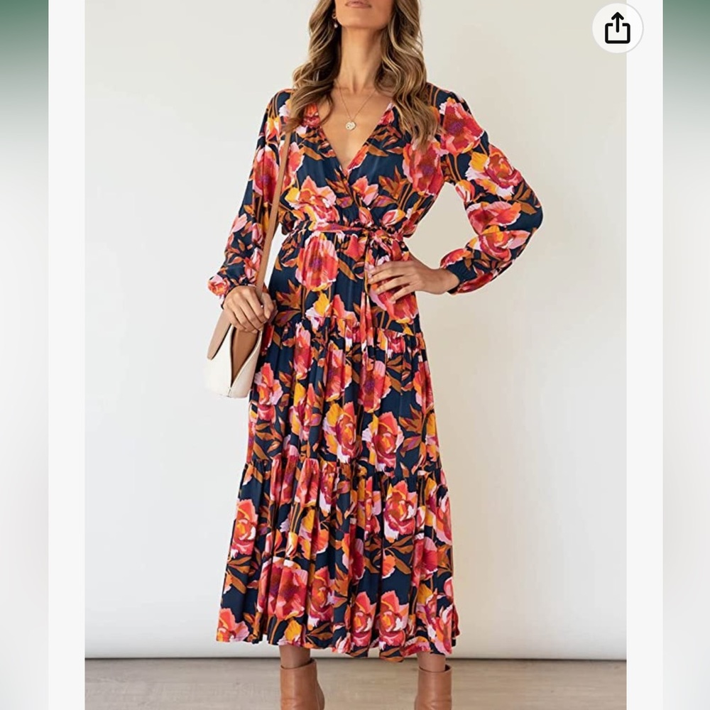 NWOT boho floral print long sleeve v-neck casual flowy maxi dress